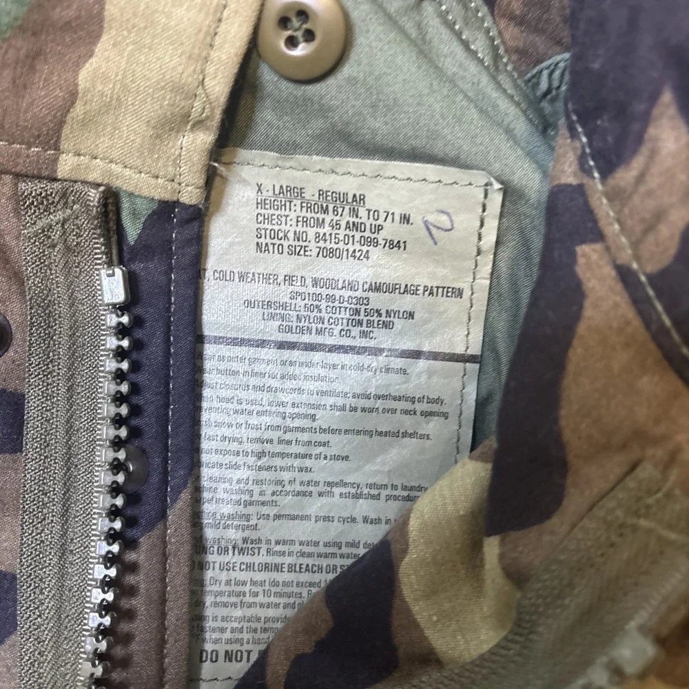 Vintage US Navy M65 Field Jacket Mens XL Woodland Camo Cold Weather 1999 Seabees